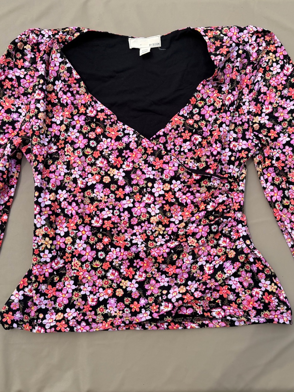 Floral Wrap-Style Long Sleeve Top in Black and Pink